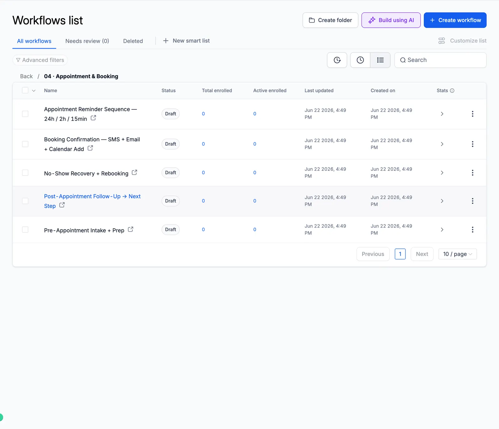 Screenshot of the Appointment & Booking folder