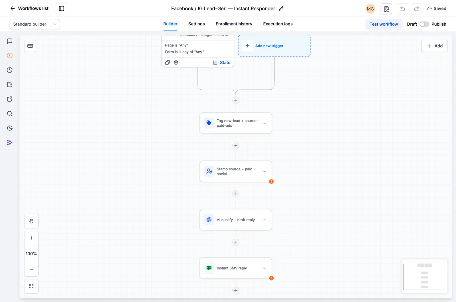 Screenshot of the Facebook and Instagram Lead Instant Responder canvas