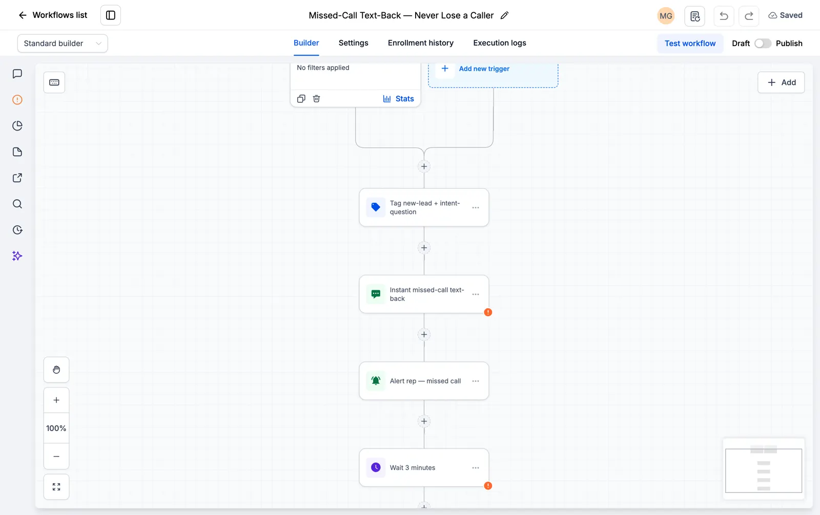 Verpasster Rückruf-Workflow im GoHighLevel-Builder