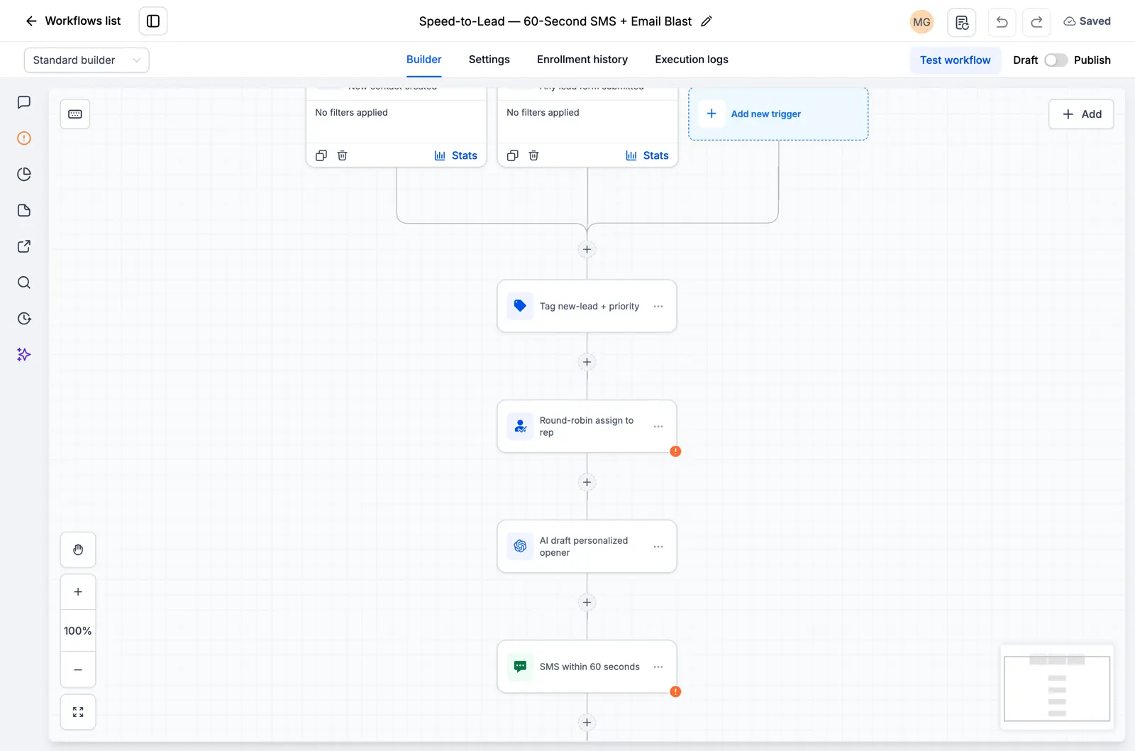 GoHighLevel-Workflow mit Lead-Zuweisung und einem SMS-Folgeschritt