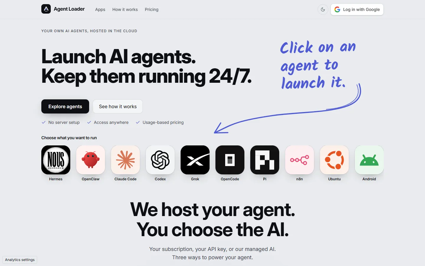 AgentLoader-Startseite mit Hosting für OpenClaw und Hermes