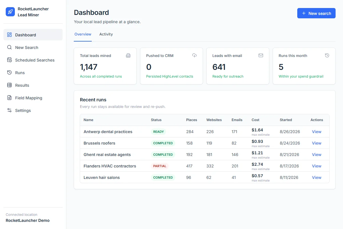 RocketLauncher Lead Miner Demo-Dashboard mit lokalen Unternehmenssuchen und Lead-Zählungen