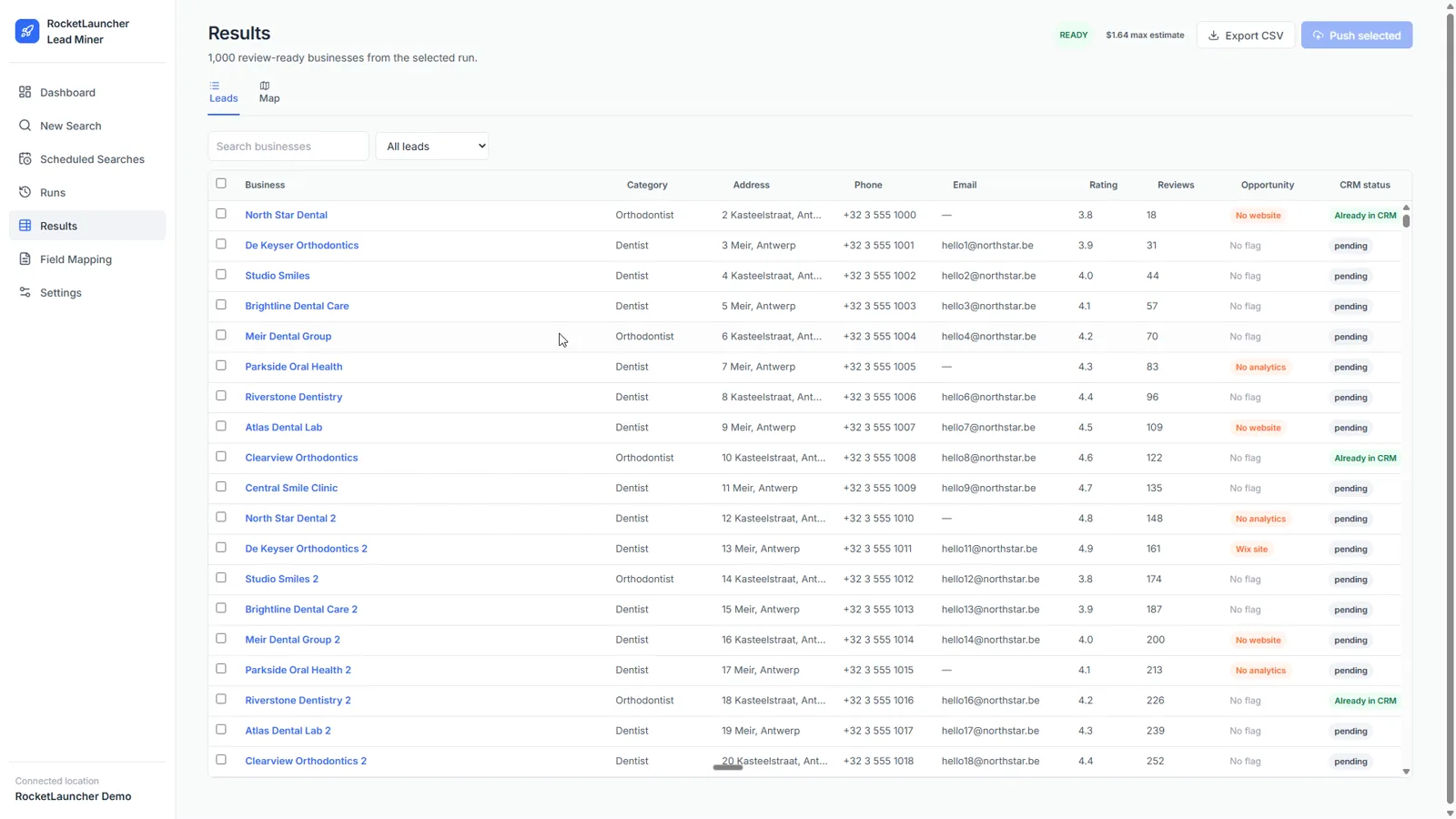 A list of businesses with contact details returned for the chosen niche and city
