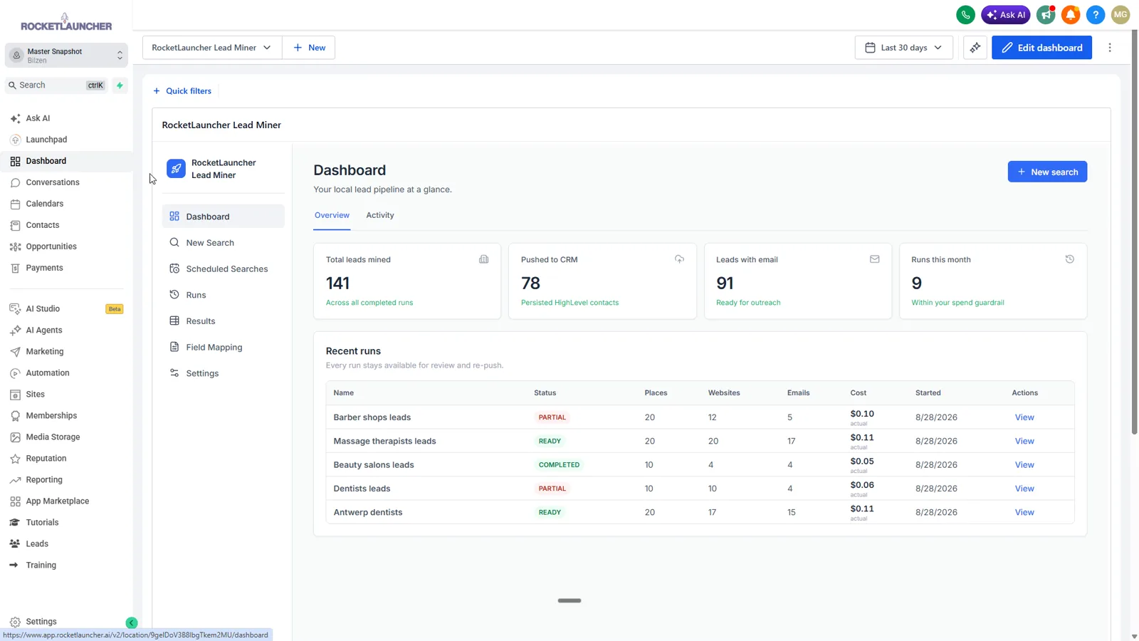 Leads syncing into a client GoHighLevel account in the pipeline