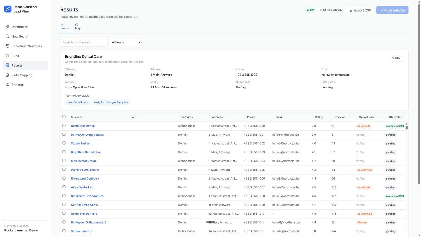 A lead record showing its detected CMS, page builder, analytics, and payment tools from BuiltWith