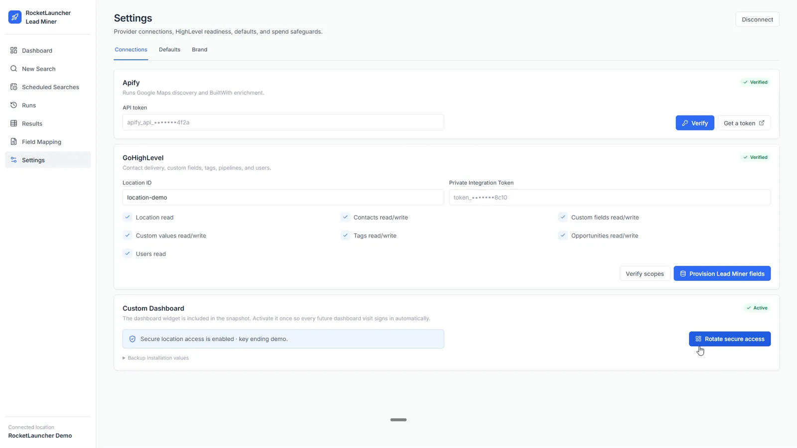Connecting your own Apify account in settings, with keys masked, to run Google Maps lead searches