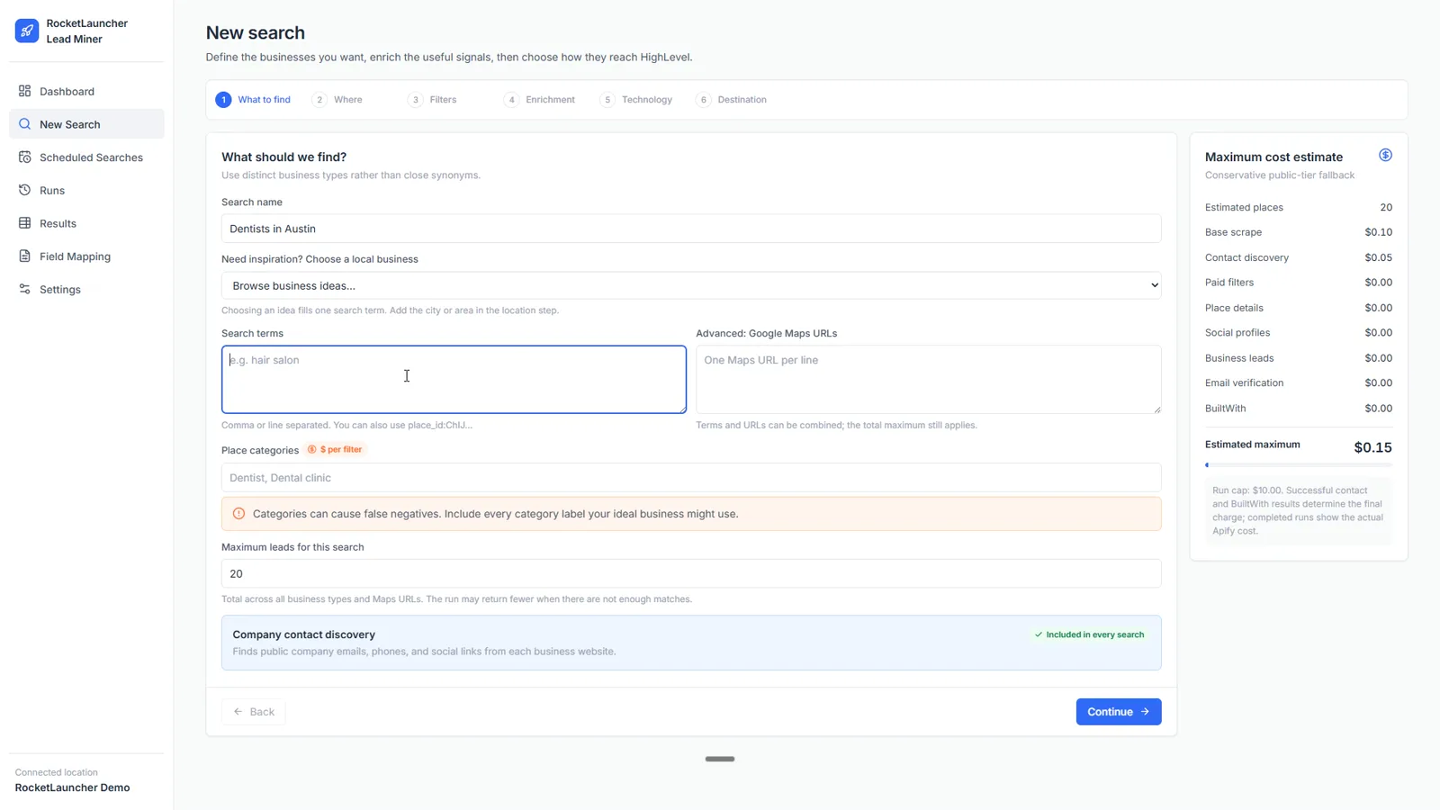 The lead generation search finding businesses on Google Maps by niche and city for GoHighLevel