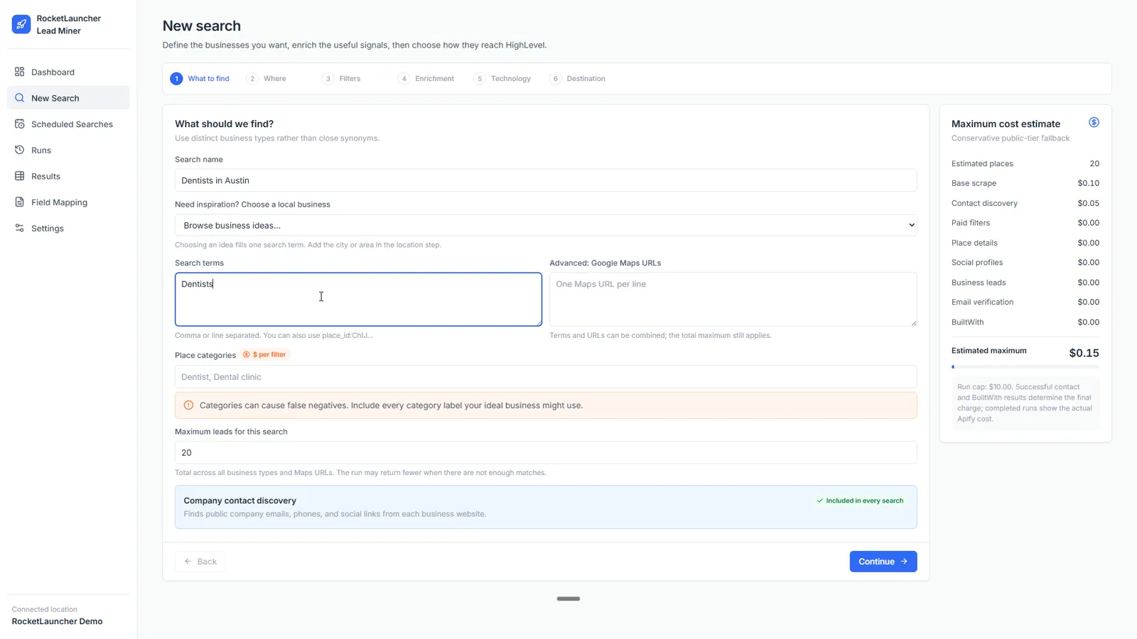 Searching Google Maps for local businesses to import into GoHighLevel