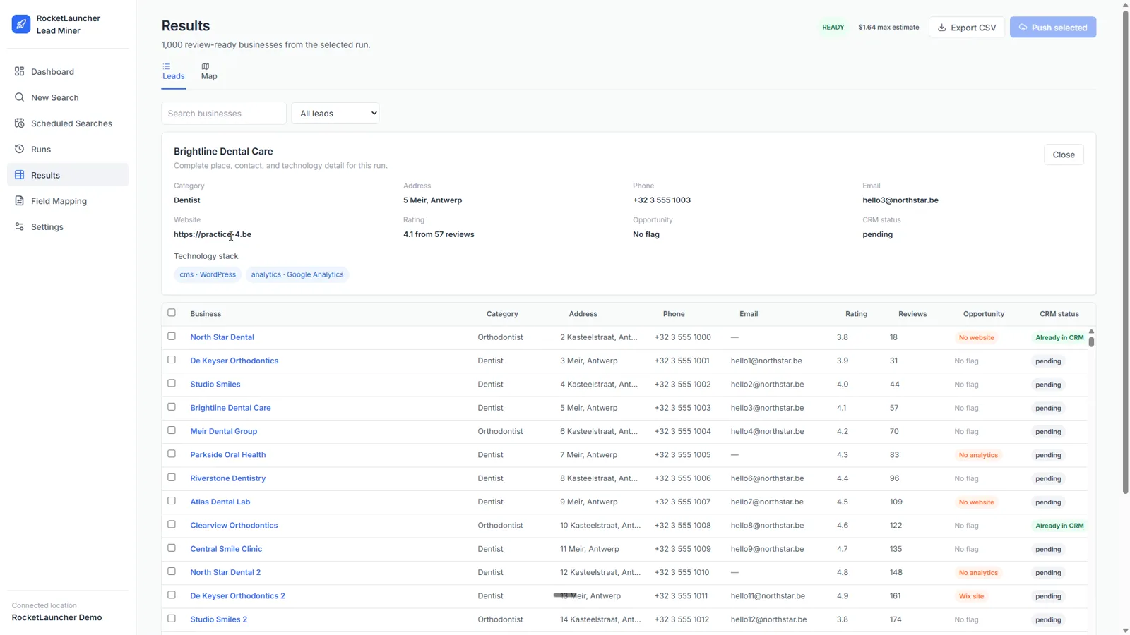 A lead record listing the site builder, CMS, ecommerce, analytics, and chat tools a business runs