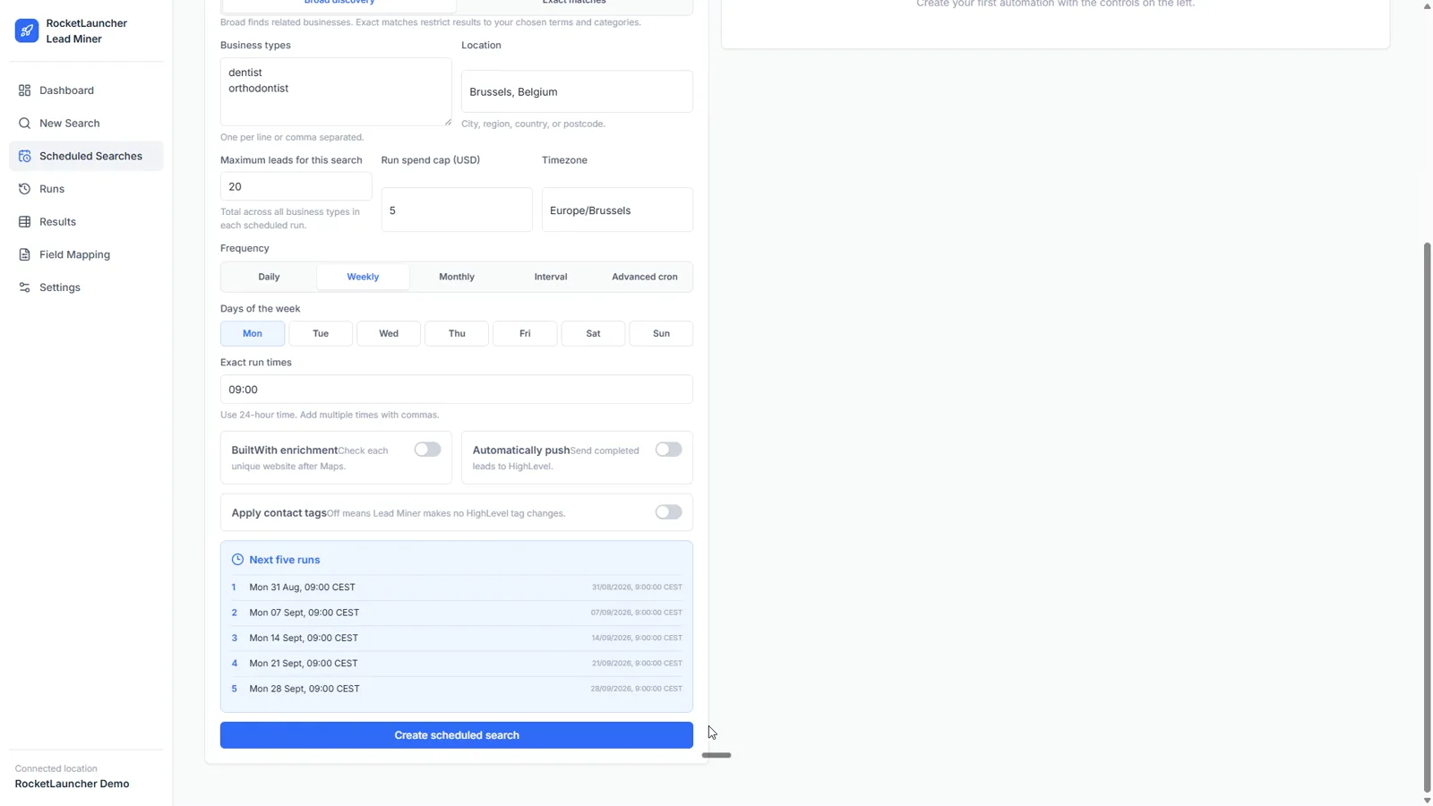 A recurring Google Maps lead search set to a weekly schedule